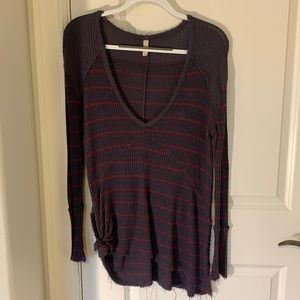 Free People Grey and maroon striped waffle knit top
